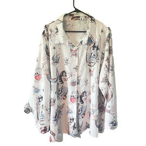SIZE 5XL GRAPHIC PRINT BUTTON UP LONG SLEEVE TURN DOWN COLLAR